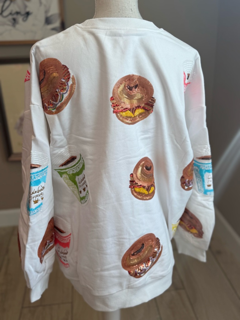 ❌SOLD❌New! QUEEN OF SPARKLES White Sequin Bagel & Coffee Sweatshirt - Picture 4 of 9